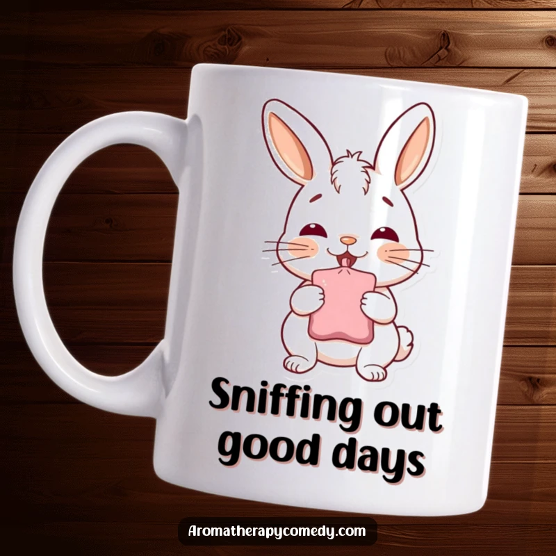 Funny bunny mug, happily inhaling from a sachet, conveying pure joy and aromatic delight, perfect funny gift.