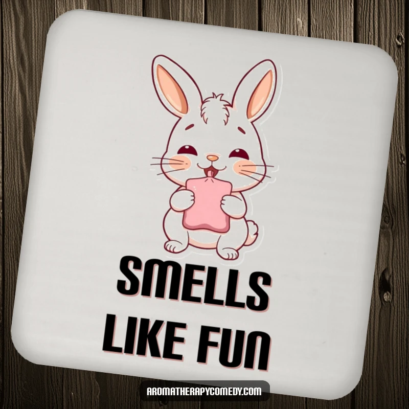 Funny bunny sachet coasters, happily inhaling from a sachet, depicting cheerful humor and protecting tables, perfect funny gift.