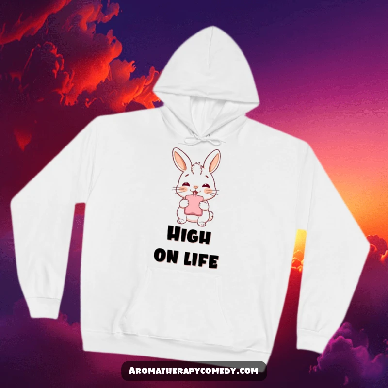 Funny bunny hoodie, inhaling deeply from a sachet, showcasing cozy delight and aromatic humor, wonderful funny gift.