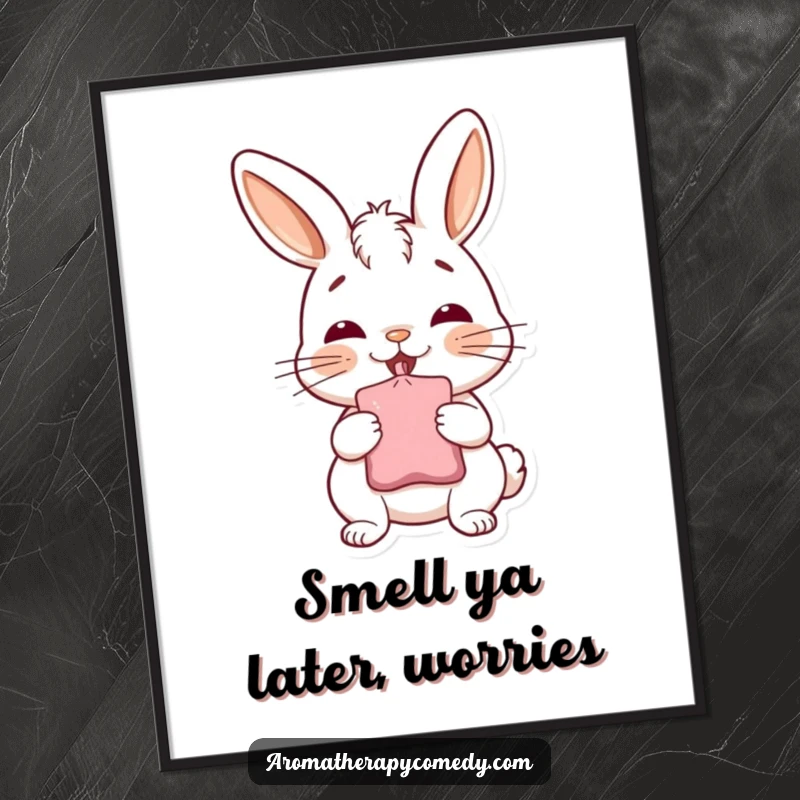 Funny Free Printable Wall Art: A cheerful bunny character enjoying the delightful scent from a sachet, a sweet and humorous addition.