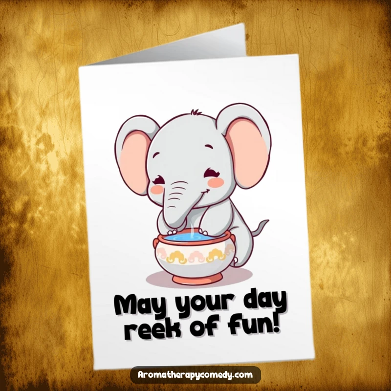 Funny Free Printable Birthday Card featuring a happy elephant submerging its trunk in an incense bowl, looking utterly relaxed.