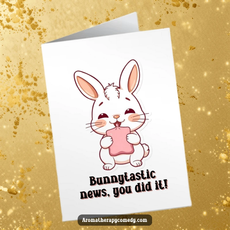 Funny Free Printable Congratulations Card: A happy bunny character joyfully inhaling the aroma from a sachet, celebrating success.