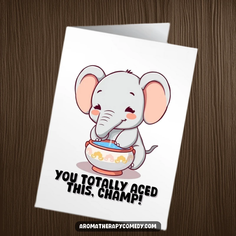 Funny Free Printable Congratulations Card: A happy elephant finds inner peace by dipping its trunk into a small incense bowl.