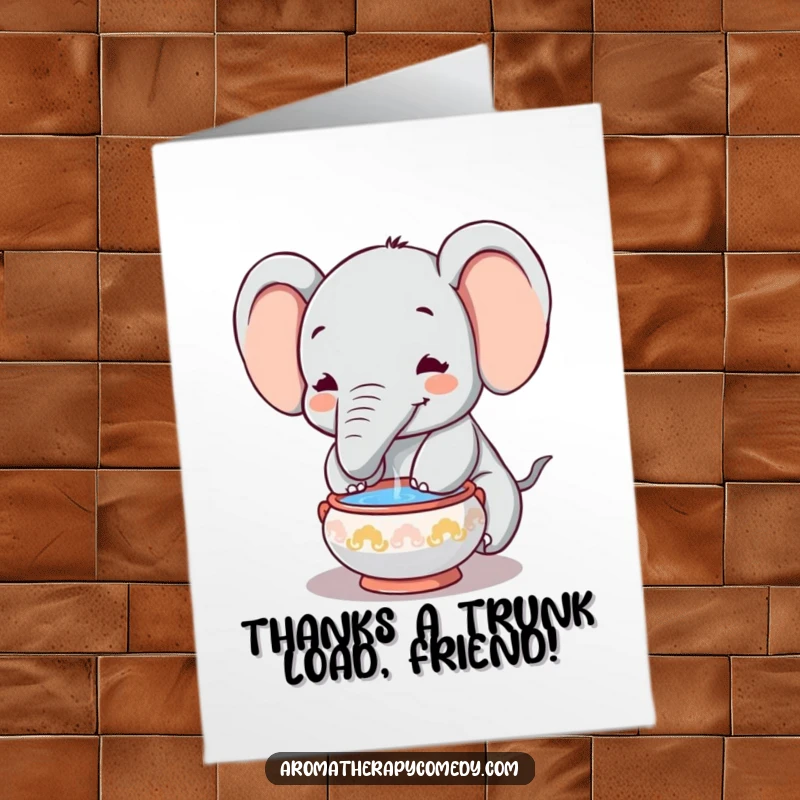 Funny Free Printable Thank You Card: A content elephant meditating with its trunk in an incense bowl, a quirky way to say thanks.