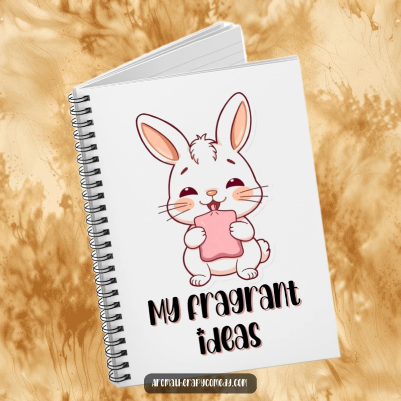 Funny bunny notebook, happily inhaling from a sachet, inspiring fresh thoughts and creativity, perfect funny gift for journaling.