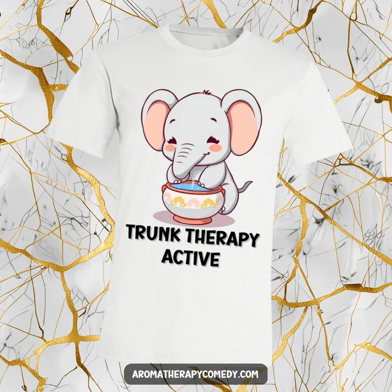 Funny elephant t-shirt, trunk submerged in incense, conveying serene humor and peaceful vibes, perfect funny gift.